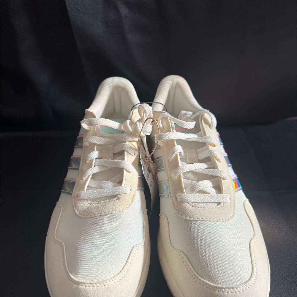 Adidas Women's Cream Sneakers with Holographic Stripes - Picture 4 of 6
